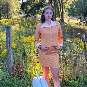 Osee Suit Orange (Peachy) Jacket Mini Skirt Vintage Size 6 60s Retro Secretary